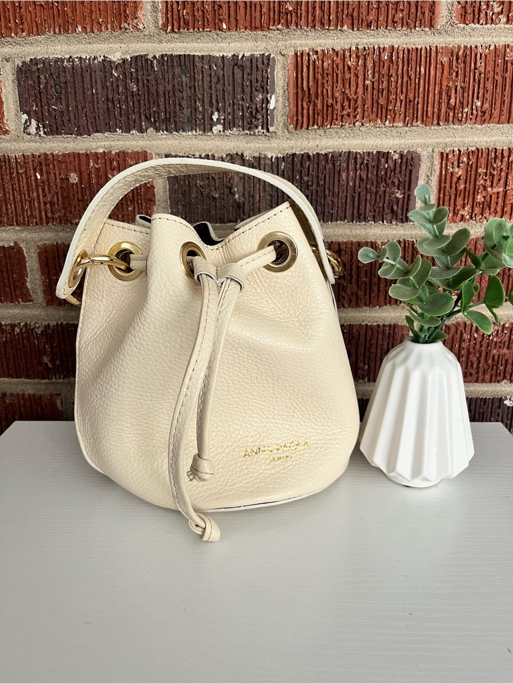 Anna Paola Cream Pebbled Leather Drawstring Mini Bucket Bag